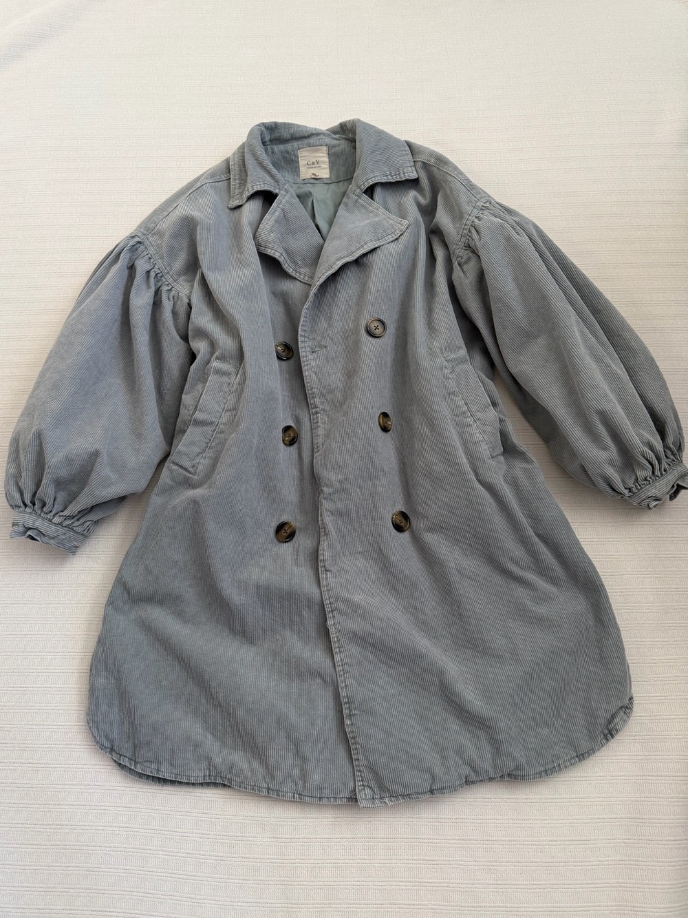 Chelsea & Violet Corduroy Balloon Sleeve Trench Coat Sage Blue Gray Size Small